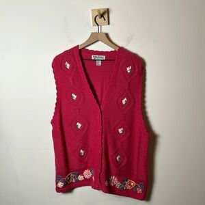 Gina Peters Womens Vintage Pink Floral Print Knit Crochet Button Down Vest 2X
